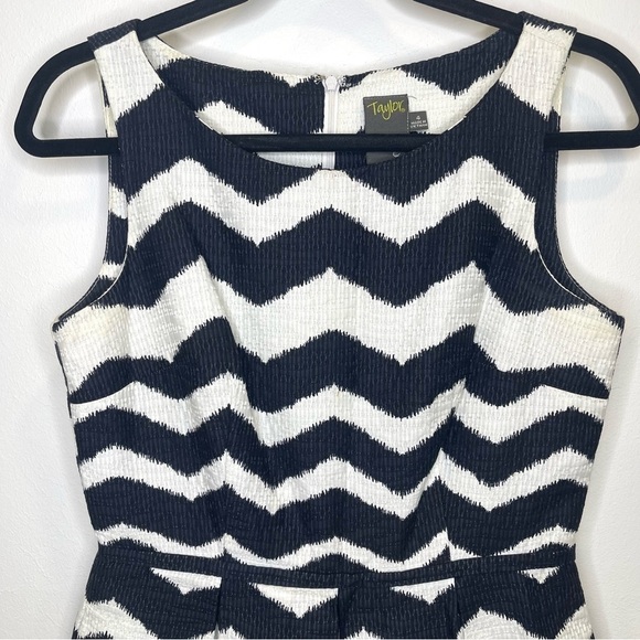 Taylor Chevron Zig Zag Jacquard Black White Fit Flare Dress Size 4 - Picture 5 of 15